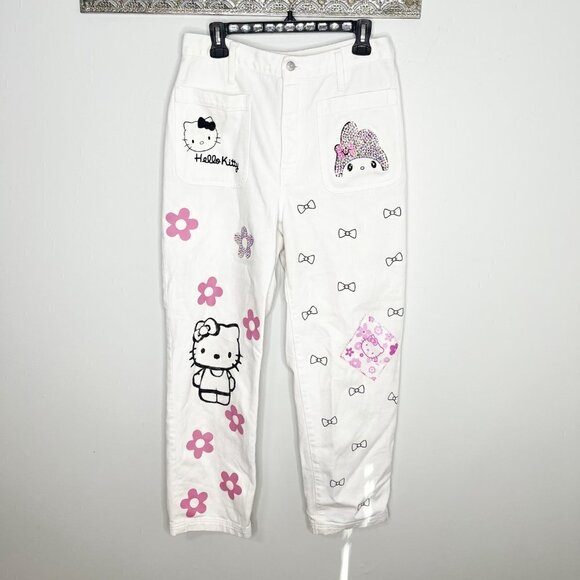 Custom Handmade Hello Kitty Theme Bling White Denim Jeans High Waist Size 29 - Picture 2 of 13